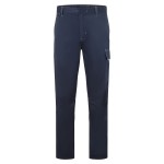 A pair of navy blue work trousers featuring flame-resistant fabric, suitable for a wide range of outdoor and site work applications.