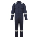 A navy blue coverall featuring flame-resistant fabric, suitable for a wide range of outdoor and site work applications.