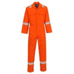 A orange coverall featuring flame-resistant fabric, suitable for a wide range of outdoor and site work applications.