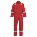 A red coverall featuring flame-resistant fabric, suitable for a wide range of outdoor and site work applications.