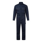 A navy blue coverall featuring flame-resistant fabric, suitable for a wide range of outdoor and site work applications.
