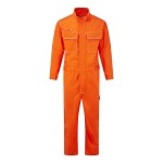 A orange coverall featuring flame-resistant fabric, suitable for a wide range of outdoor and site work applications.