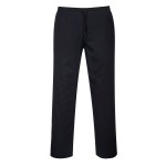 A pair of black work trousers designed for use on construction sites and in industrial work environments.,