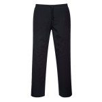 A pair of black work trousers designed for use on construction sites and in industrial work environments.,