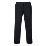A pair of black work trousers designed for use on construction sites and in industrial work environments.,