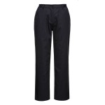 A pair of women's black work trousers designed for use on construction sites and in industrial work environments.,