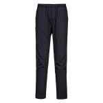 A pair of black work trousers designed for use on construction sites and in industrial work environments.,