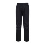 A pair of black work trousers designed for use on construction sites and in industrial work environments.,