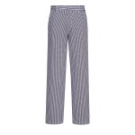 A pair of blue work trousers designed for use on construction sites and in industrial work environments.,