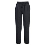 A pair of black work trousers featuring stretch panels for ease of movement, suitable for a wide range of outdoor and site work applications.