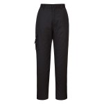 A pair of women's black work trousers designed for use on construction sites and in industrial work environments.,