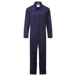 A women's navy blue coverall designed for use on construction sites and in industrial work environments.,