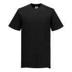 A black work shirt designed for use on construction sites and in industrial work environments.,