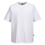 A white work shirt designed for use on construction sites and in industrial work environments.,