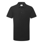 A black polo shirt designed for use on construction sites and in industrial work environments.,