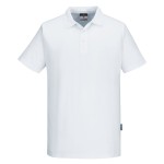 A white polo shirt designed for use on construction sites and in industrial work environments.,