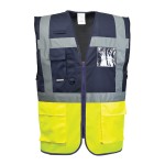 A high-visibility yellow vest featuring retroreflective tape panels, suitable for a wide range of outdoor and site work applications.