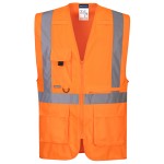 A high-visibility orange vest featuring retroreflective tape panels, functional pockets, suitable for a wide range of outdoor and site work applications.
