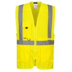 A high-visibility yellow vest featuring retroreflective tape panels, functional pockets, suitable for a wide range of outdoor and site work applications.