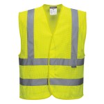 A high-visibility yellow vest featuring retroreflective tape panels, suitable for a wide range of outdoor and site work applications.
