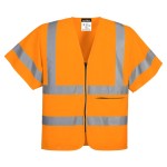 A high-visibility orange vest featuring retroreflective tape panels, a full-length zip front, suitable for a wide range of outdoor and site work applications.