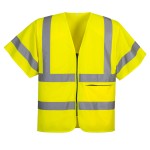 A high-visibility yellow vest featuring retroreflective tape panels, a full-length zip front, suitable for a wide range of outdoor and site work applications.