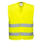 A high-visibility yellow vest featuring retroreflective tape panels, suitable for a wide range of outdoor and site work applications.