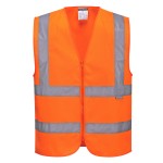 A high-visibility orange vest featuring retroreflective tape panels, suitable for a wide range of outdoor and site work applications.