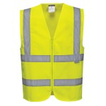 A high-visibility yellow vest featuring retroreflective tape panels, suitable for a wide range of outdoor and site work applications.