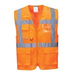 A high-visibility orange vest featuring retroreflective tape panels, suitable for a wide range of outdoor and site work applications.