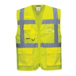 A high-visibility yellow vest featuring retroreflective tape panels, suitable for a wide range of outdoor and site work applications.