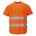 A high-visibility orange work shirt featuring retroreflective tape panels, suitable for a wide range of outdoor and site work applications.