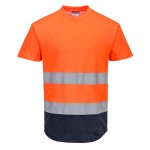 A high-visibility orange work shirt featuring retroreflective tape panels, suitable for a wide range of outdoor and site work applications.