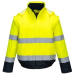A high-visibility yellow jacket featuring retroreflective tape panels, suitable for a wide range of outdoor and site work applications.