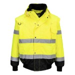 A high-visibility yellow jacket featuring retroreflective tape panels, suitable for a wide range of outdoor and site work applications.