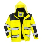 A high-visibility yellow jacket featuring retroreflective tape panels, suitable for a wide range of outdoor and site work applications.