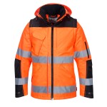 A high-visibility orange jacket featuring retroreflective tape panels, suitable for a wide range of outdoor and site work applications.