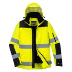 A high-visibility yellow jacket featuring retroreflective tape panels, suitable for a wide range of outdoor and site work applications.
