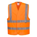 A high-visibility orange vest featuring retroreflective tape panels, suitable for a wide range of outdoor and site work applications.
