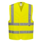 A high-visibility yellow vest featuring retroreflective tape panels, suitable for a wide range of outdoor and site work applications.