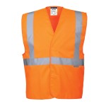 A high-visibility orange vest featuring retroreflective tape panels, suitable for a wide range of outdoor and site work applications.