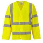 A high-visibility yellow jacket featuring retroreflective tape panels, suitable for a wide range of outdoor and site work applications.