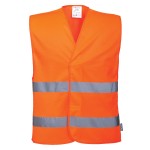 A high-visibility orange vest featuring retroreflective tape panels, suitable for a wide range of outdoor and site work applications.