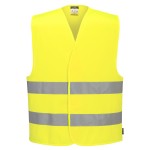A high-visibility yellow vest featuring retroreflective tape panels, suitable for a wide range of outdoor and site work applications.