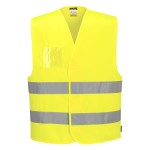 A high-visibility yellow vest featuring retroreflective tape panels, suitable for a wide range of outdoor and site work applications.