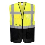 A high-visibility yellow vest featuring retroreflective tape panels, suitable for a wide range of outdoor and site work applications.
