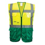 A high-visibility yellow vest featuring retroreflective tape panels, suitable for a wide range of outdoor and site work applications.