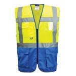 A high-visibility yellow vest featuring retroreflective tape panels, suitable for a wide range of outdoor and site work applications.