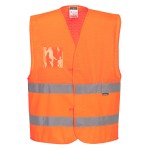 A high-visibility orange vest featuring retroreflective tape panels, suitable for a wide range of outdoor and site work applications.