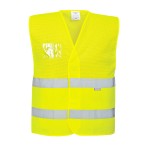 A high-visibility yellow vest featuring retroreflective tape panels, suitable for a wide range of outdoor and site work applications.